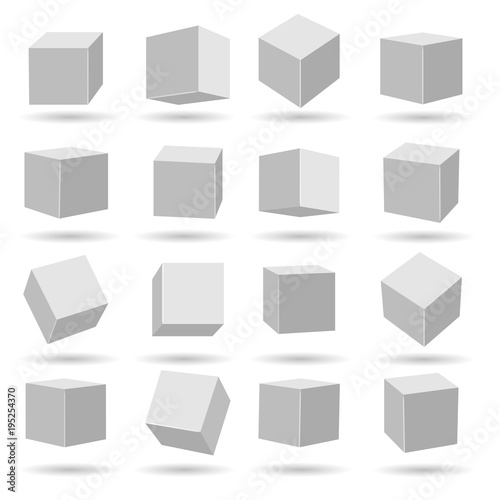 White cubes. Geometry modeling cube set isolated on white background, miscellaneous angles dimensional and perspective vector blocks models