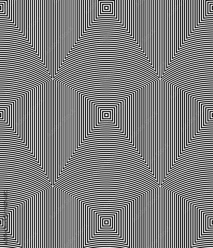 Optical illusion art abstract background. Black and white monochrome geometrical hypnotic seamless pattern.