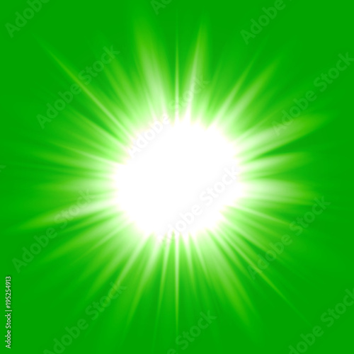Green flash star background, white light rays vector illustration