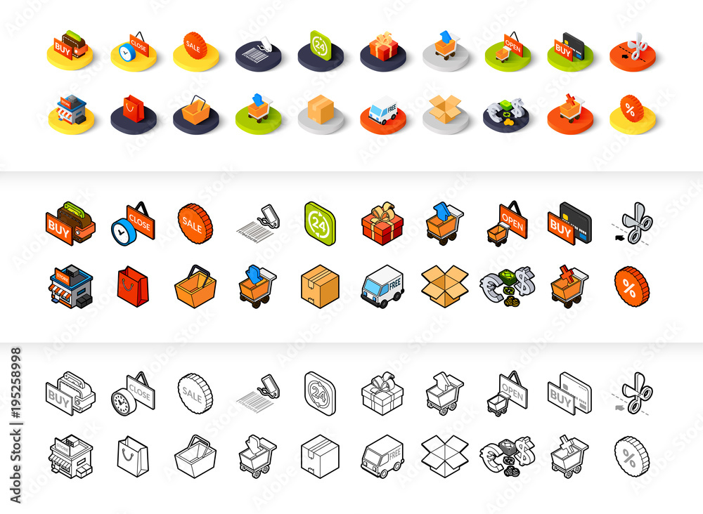 Set of icons in different style - isometric flat and otline, colored and black versions Set of icons in different style - isometric flat and otline, colored and black versions