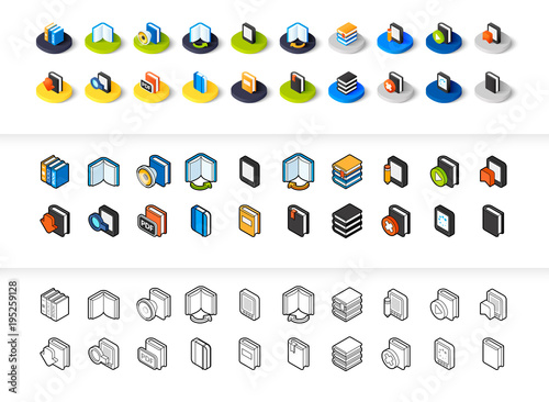 Set of icons in different style - isometric flat and otline, colored and black versions