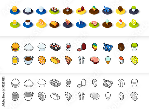 Set of icons in different style - isometric flat and otline, colored and black versions