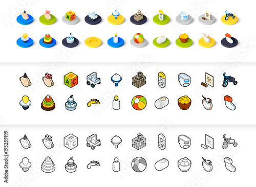 Set of icons in different style - isometric flat and otline, colored and black versions