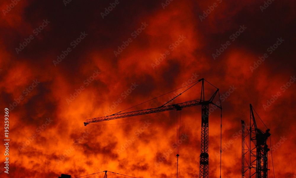Naklejka premium Baukranen im Morgenrot