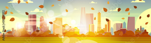Beautiful Autumn City Skyline With Yellow Leaves Flying In Sunlight Over Skyscrapers Buildings Cityscape Concept Horizontal Banner Flat Vector Illustration