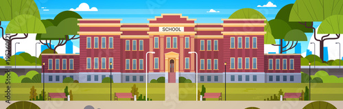 School Building And Empty Front Yard With Green Grass And Trees Landscape Horizontal Banner Flat Vector Illustration