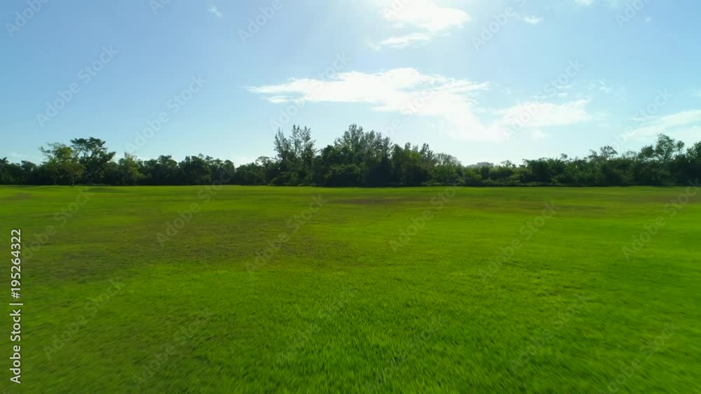 Low aerial drone flying over green grass field Low aerial drone flying over green grass field