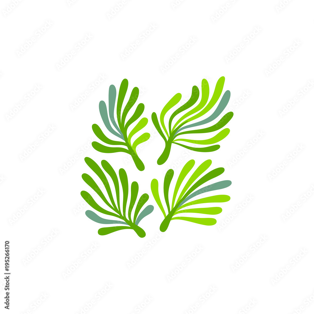 Green and white seaweed plant with leaves floral logo, vector Green and white seaweed plant with leaves floral logo, vector