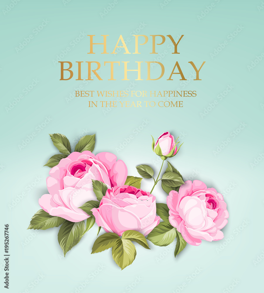 Happy Birthday card template on blue background. Pink garland of ...