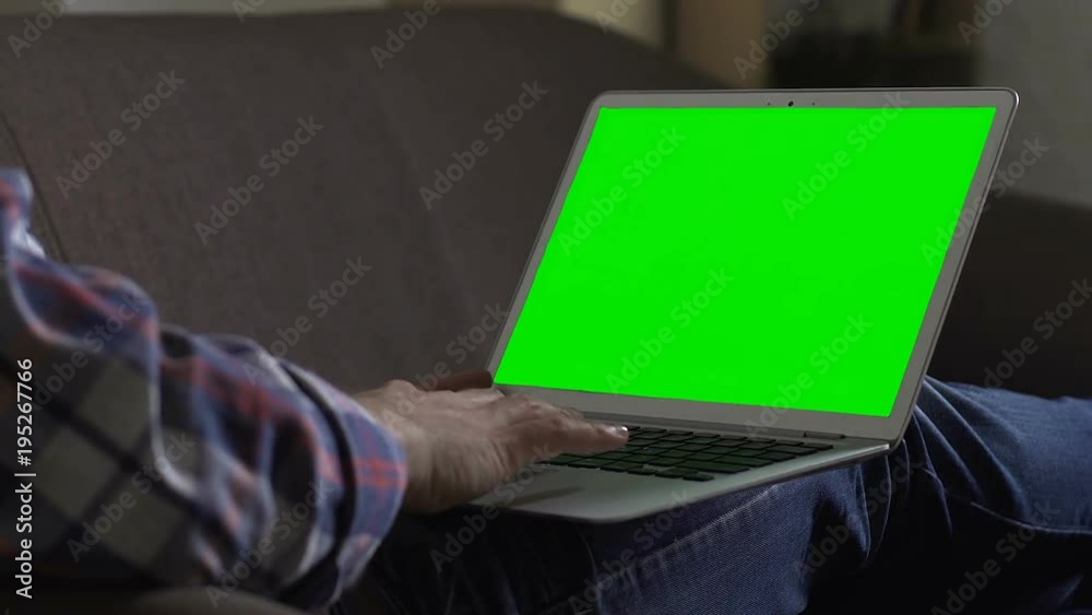 Male freelancer sitting on couch with laptop, surfing internet in free time Male freelancer sitting on couch with laptop, surfing internet in free time