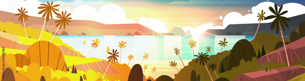 Sunset On Tropical Beach Beautiful Landscape Summer Seaside With Palm Trees Horizontal Banner Flat Vector Illustration