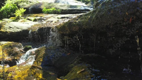 Wentworth falls in Katoomba, UHD pan view of water and stones, in blue mountains national park , on a sunny summer day, in Sydney, Australia