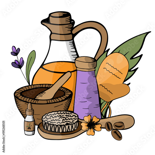Vector, organic remedy against cellulite. Coffee, natural herbs and oils, cream, massage glove, bowl for clay, wraps