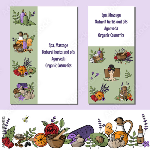 Set of  Vector with cartoon spa, massage, organic cosmetics, ayurveda, natural herbs and oils.  Invitation, flyer, sale, discont card template. Can be use, gift cards, flyers and presentation.