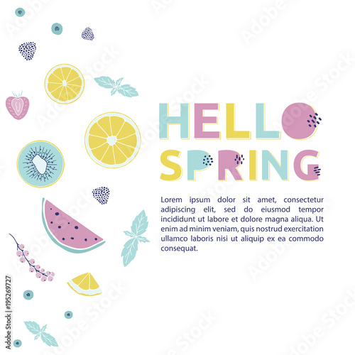 Springtime. Hand drawn vector fruits, berries with alphabet, text.