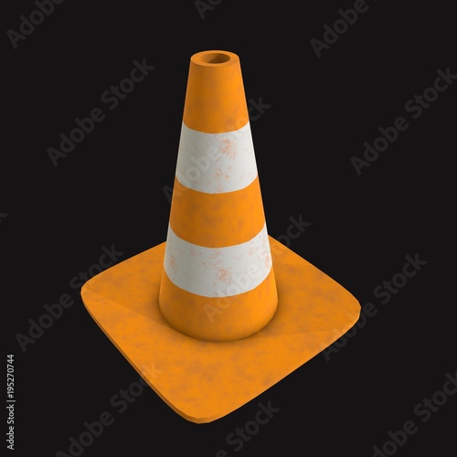 Traffic cone. Orange road sign with white stripes 3d render on black background. Under construction concept. photo