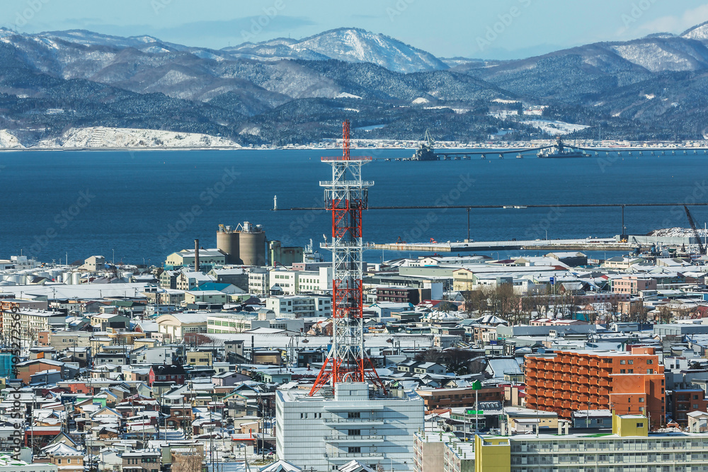 Communication tower in the city, industry downtown, sea with snow mountain view