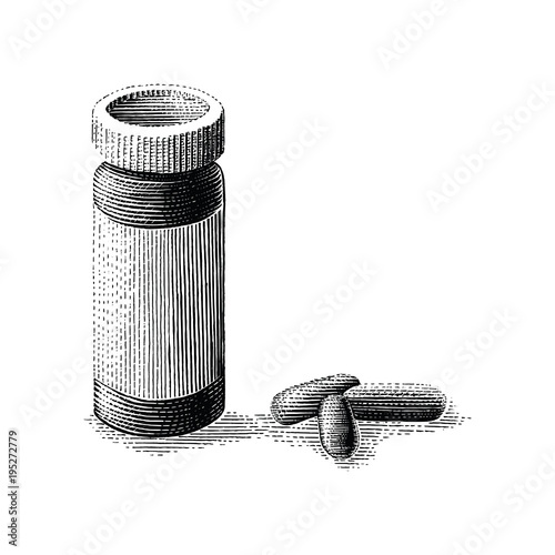 Medicine bottle and pills hand drawing vintage engraving style