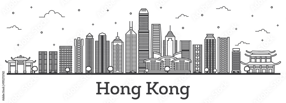 Obraz premium Zarys panoramę miasta Hongkong Chiny z nowoczesnych budynków na białym tle.