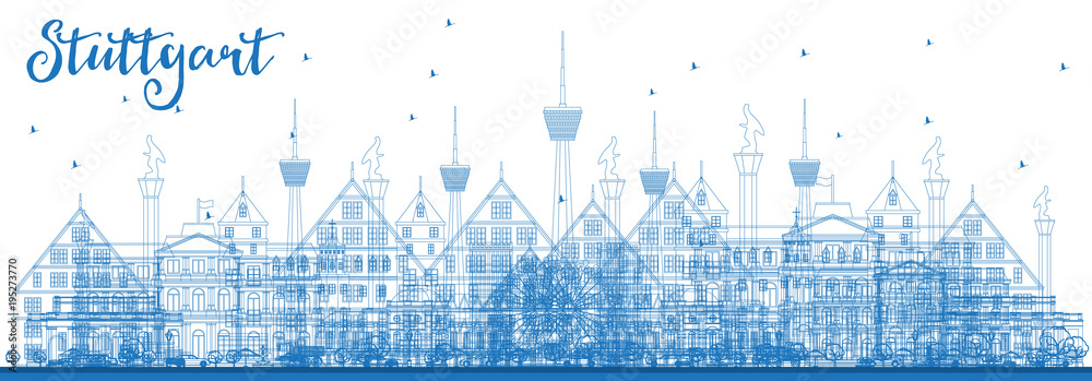 Outline Stuttgart Germany City Skyline with Blue Buildings.