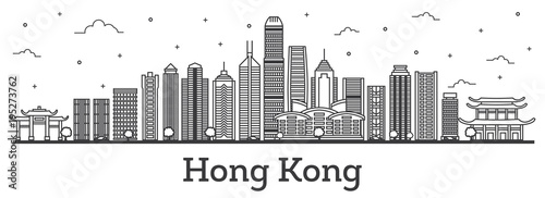 Outline Hong Kong China City Skyline with Modern Buildings Isolated on White.
