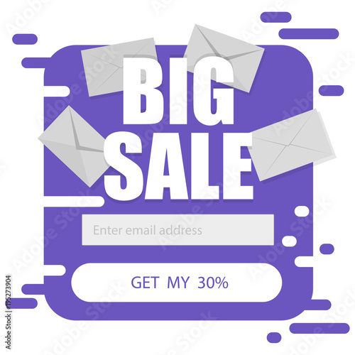 Vector template for email subscribe in purple on a white background. Big sale discounts