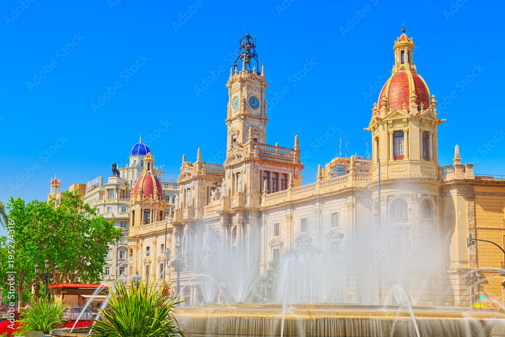 Fountain on Modernism Plaza of the City Hall of Valencia, Town h