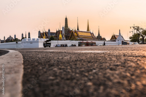 Grand Palace and Wat Phra Kaew at sunset, Bangkok, Thailand. Asian landmarks Wat Phra Kaew Landscape of the capital View of Thailand