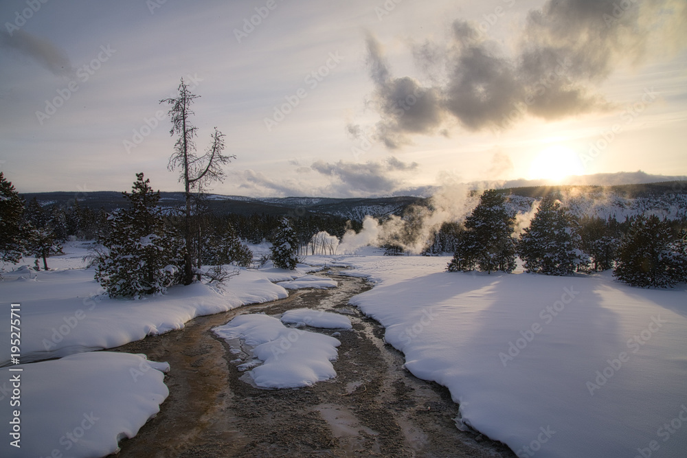 Sunset and Hot Springs and Geysers