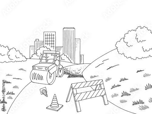 Road construction graphic black white city landscape sketch illustration vector
