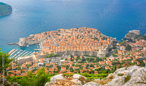 Fototapeta Naklejka Na Ścianę i Meble -  Aerial panoramic view of old town in Dubrovnik. Copy space on water.