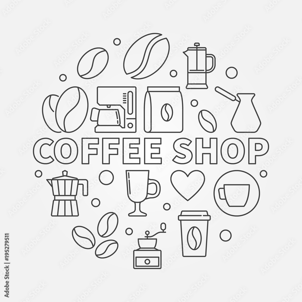 Coffee shop vector round illustration in thin line style