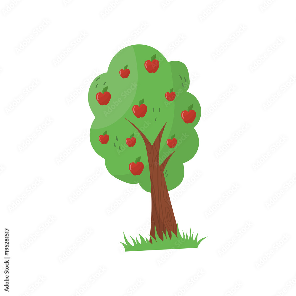Cartoon fruit tree with ripe red apples. Organic farm product. Agricultural plant. Gardening concept. Natural and healthy food. Colorful flat vector icon