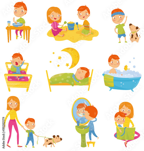 Daily routine of little boy. Kid eating breakfast, playing, doing physical exercises, waking up, sleeping, taking bath, walking outdoors, brushing teeth, reading book. Day time.