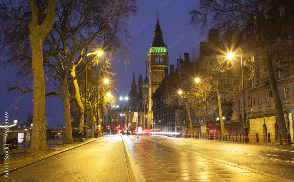 night scene in London city. Big Ben in background