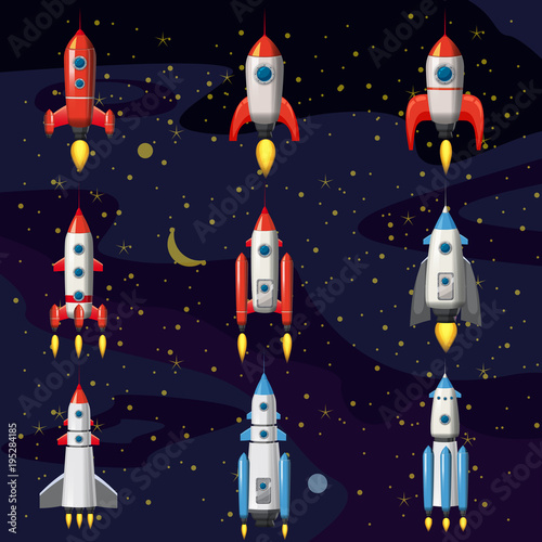 Set space rocket, spaceship, space background, cartoon style, Vector illustration
