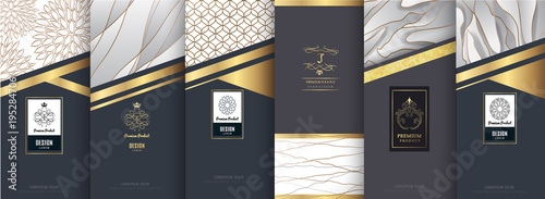 Collection of design elements,labels,icon,frames,for packaging,design of luxury products. for perfume,soap,wine,lotion.Made with golden foil.on silver and marble background.vector illustration
