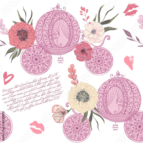 Vintage seamless pattern with carriage, kisses, hearts and floral elements on white background. Retro vector illustration in watercolor style.