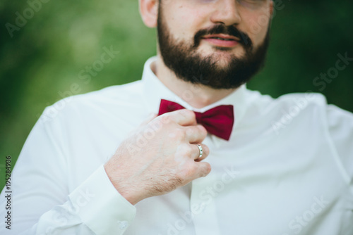 stylish. bearded groom in a butterfly posing in the Park. Rustic hipster portrait.