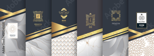 Collection of design elements,labels,icon,frames,for packaging,design of luxury products.for perfume,soap,wine,lotion.Made with golden foil.Isolated on silver background. vector illustration 
