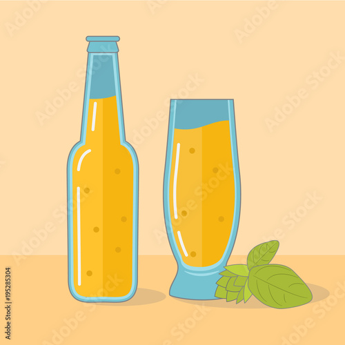 Glass bottle of light beer and glass. Alcoholic drink. In flat a vector. Plant hop.