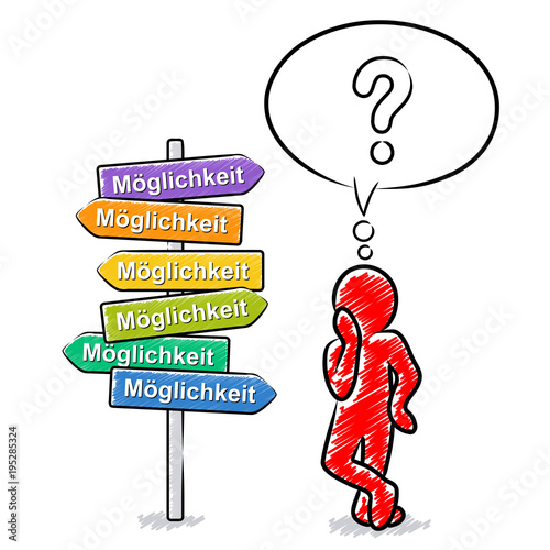 Rotes Strichmännchen erwägt verschiedene Möglichkeiten und versucht eine Entscheidung zu treffen / Schraffierte Vektor-Zeichnung
