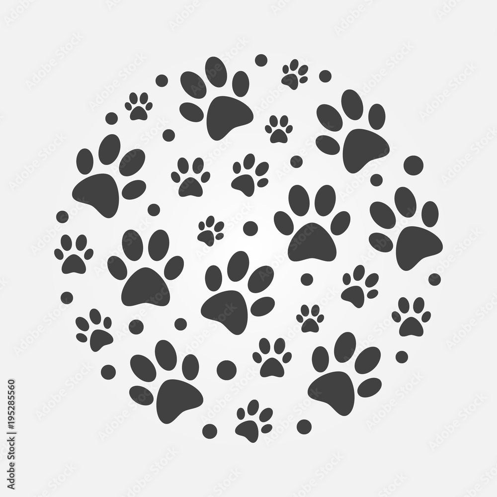 Dark dog footprints round vector concept illustration