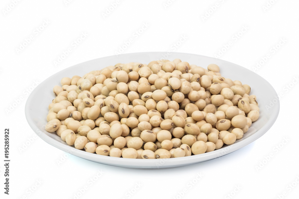 raw soybeans in dish isolated on white background, fresh soy protein for health. raw soybeans in dish isolated on white background, fresh soy protein for health.