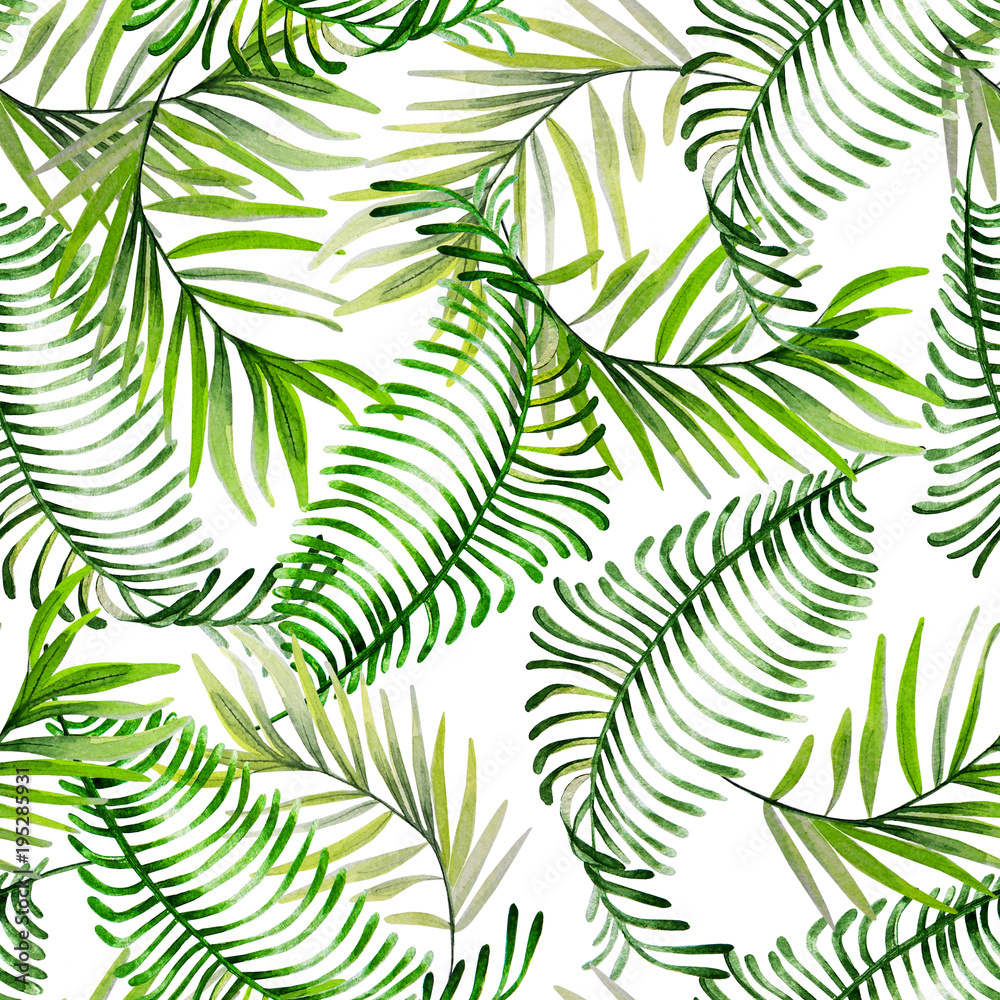 Beautiful bright watercolor pattern with tropical leaves.