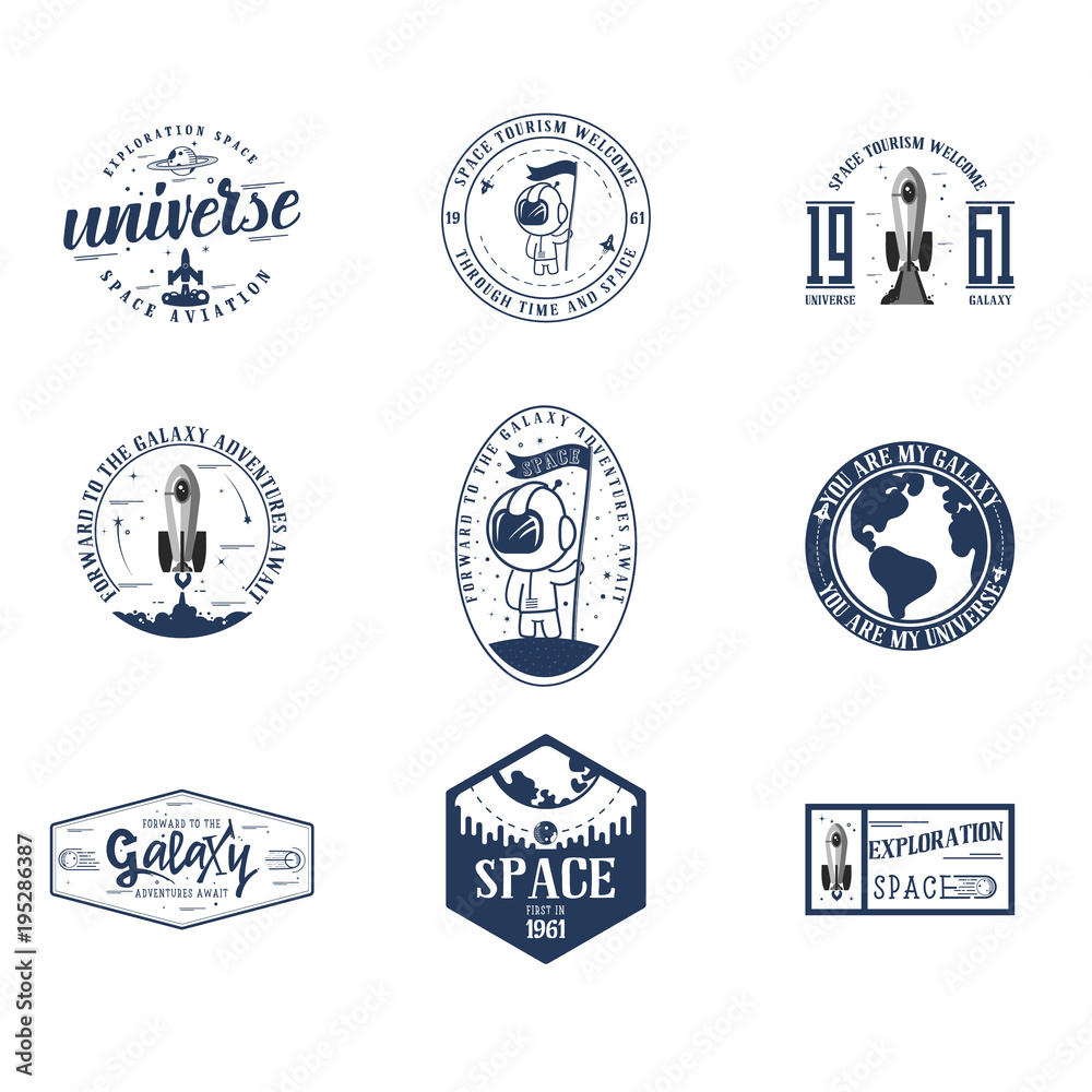 Obraz premium Space - set banner, planets in the universe, can be used as a patch, badge, sticker. Vector illustration.