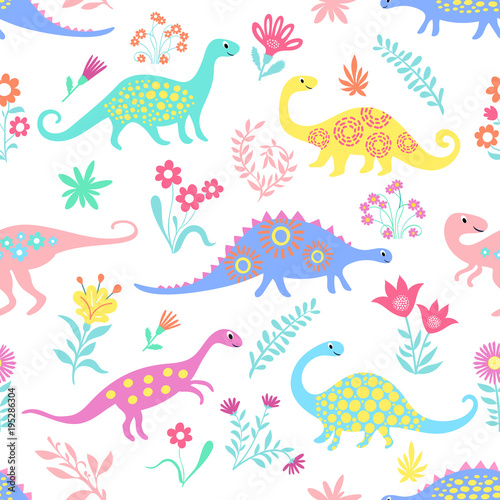 Dinosaurs Cute kids pattern for girls and boys, Colorful Cartoon Animals on the abstract seamless background, Artistic Backdrop for textile and fabric.