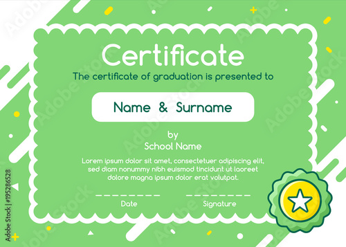 Kids Diploma certificate in cute style green background template layout design. Lovely graphic coupon for kids graduation.