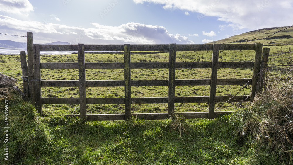 Vintage wooden gate on a green field in Ireland