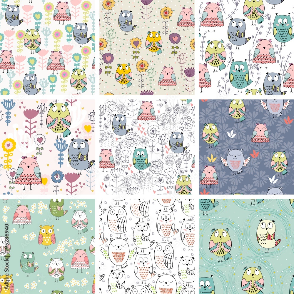 Fototapeta premium Vector seamless patterns with owls and flowers